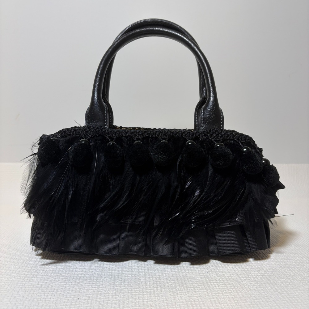 Mimma Original Handbag Feather Pom Pom Ribbon Trim Black Small